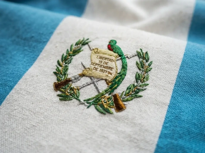Primer plano de una bandera de Guatemala con bordado de alta precisión en el escudo nacional, mostrando la textura y viveza de los colores patrios.