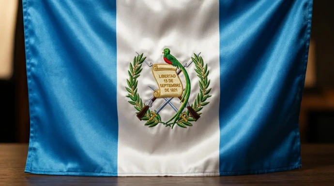 Primer plano de una bandera de Guatemala confeccionada en tela de seda brillante, con el escudo nacional detallado y bordado en el centro, extendida sobre una superficie de madera.