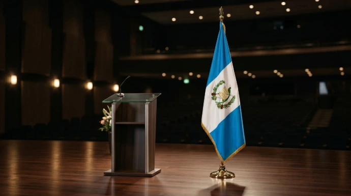 Texto alternativo: Bandera de Guatemala bordada con flecos dorados en un asta de gala, colocada en un escenario junto a un podio de madera y cristal en un auditorio.