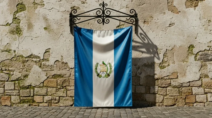Texto alternativo: Banderola vertical con los colores y el escudo de Guatemala, colgada de un soporte de hierro forjado sobre una pared de piedra de estilo colonial.