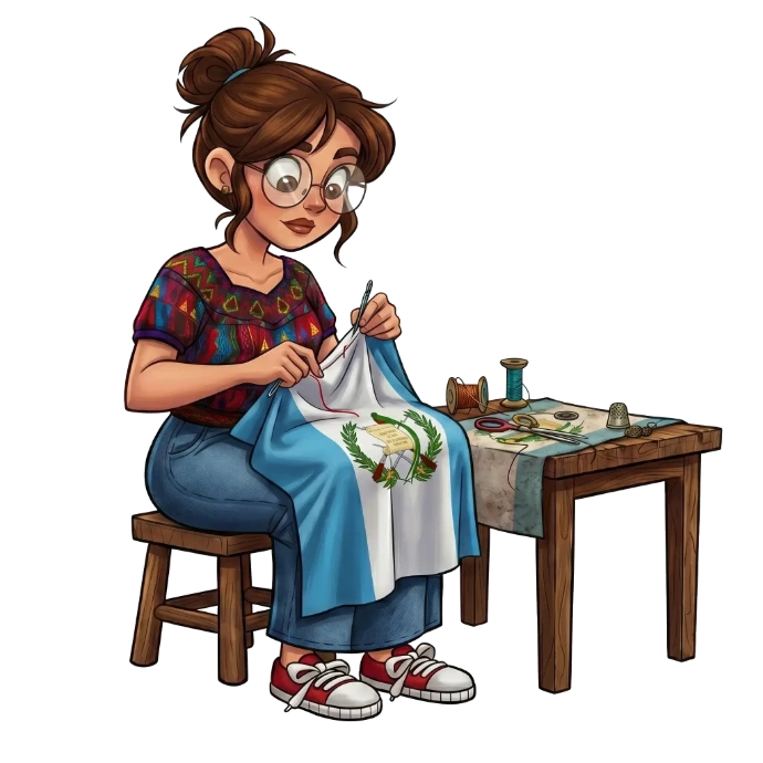 Ilustración de una costurera guatemalteca con blusa típica bordando a mano el escudo de la bandera de Guatemala en un taller con hilos y tijeras sobre una mesa de madera.