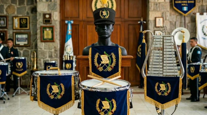 Confección y venta de estandartes bordados con el escudo de Guatemala y bandas de tela azul para redoblantes y liras de bandas escolares y de marcha.