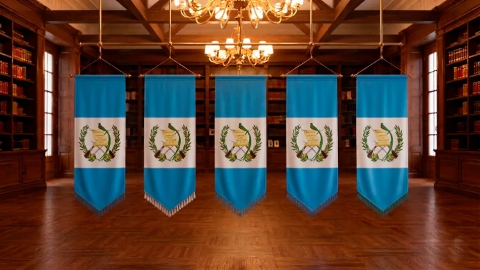 Banderolas de Guatemala colgantes con el escudo nacional y colores patrios en una biblioteca clásica.