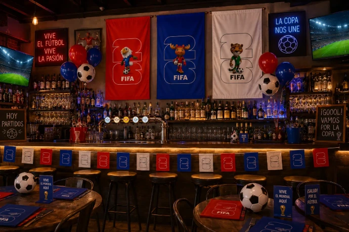 bar decorado con banderas del mundial 2026