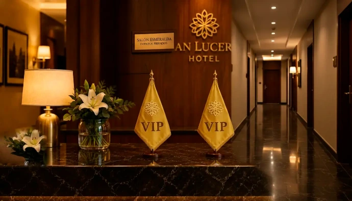 Señalización elegante para salones, recepciones y áreas VIP con banderolas, estandartes y decoración institucional profesional.