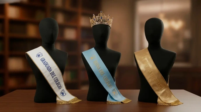 bandas de honor bordadas con flecillo dorado para reina del colegio, graduada y señorita de belleza junto a una corona.